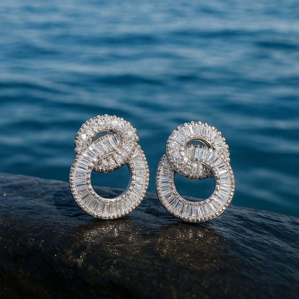 Double Silver Crystal Geometric Circle Earrings